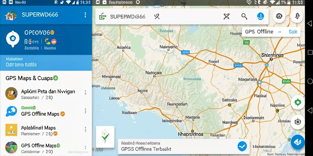 Tampilan antarmuka pengguna SUPERWD666 dengan peta offline yang jelas.